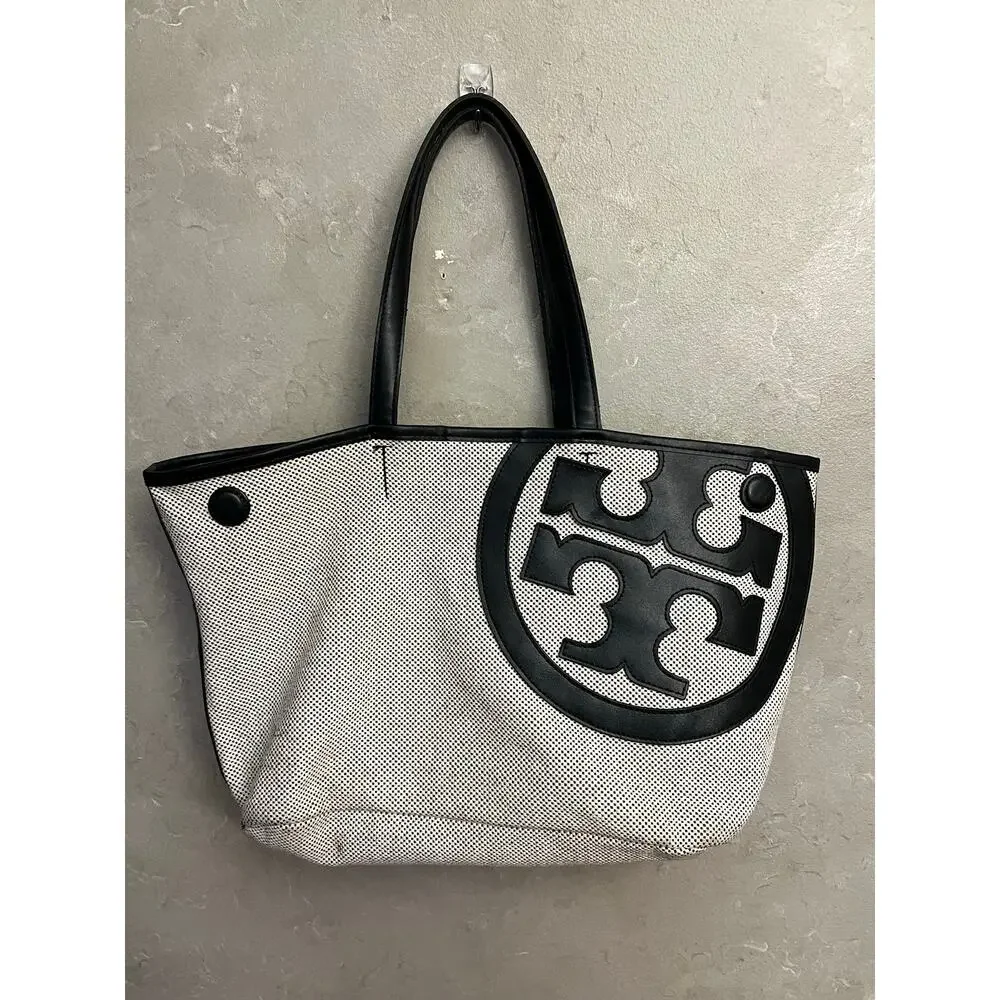 Tory Burch Lonnie Large Perforated Canvas Mesh Logo Tote Bag White Black